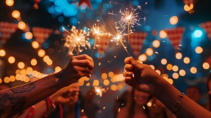 Wall Mural - A close-up of hands holding sparklers at a Fourth of July party, with festive backgrounds and decorations