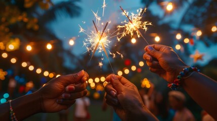 Wall Mural - A close-up of hands holding sparklers at a Fourth of July party, with festive backgrounds and decorations
