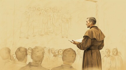 Wall Mural - Saint Anthony of Padua in Franciscan attire preaching, commanding presence, attentive audience, beige background, Biblical Illustration, copyspace