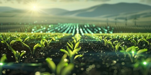 Wall Mural - View of rows of agricultural fields in the morning with cool young plants.