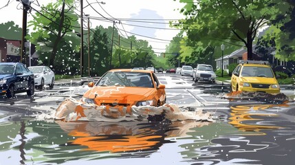 Wall Mural - A yellow car is driving through a flooded street