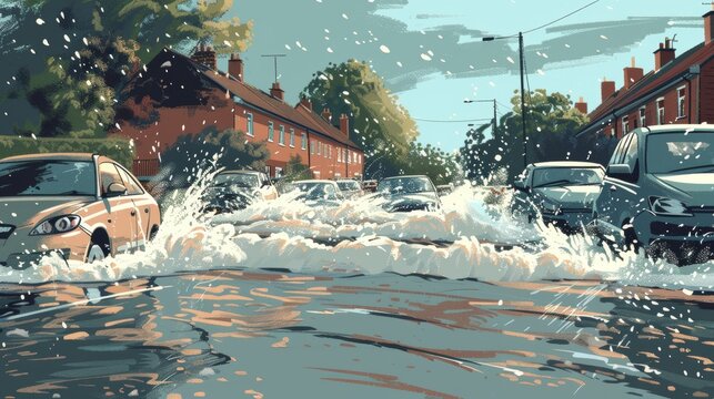 A painting of a flooded street with cars in the water