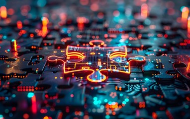 Poster - Puzzle piece merging with a high-tech digital interface, featuring colorful illuminated pathways and circuit patterns representing critical thinking and innovative problem-solving