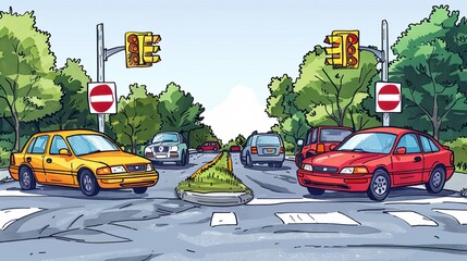 Wall Mural - A cartoon drawing of a busy street with cars and traffic lights