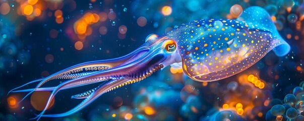 Reef squid Sepioteuthis lessoniana in a deep azuri ocean trench, and bright bioluminescent plankton underwater, bright indigo and orange tone