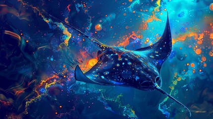 A stunning illustration of a manta ray swimming in a vibrant, cosmic-inspired underwater scene with bright, colorful patterns.