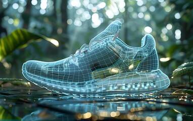 Aufkleber - Innovative wireframe shoe model displayed on a reflective surface with a green, natural background, blending technology with nature