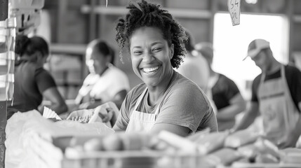 Happy woman packs donated food with group of volunteers at community service center