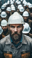 Wall Mural - A man with a beard and hard hat in front of a crowd.