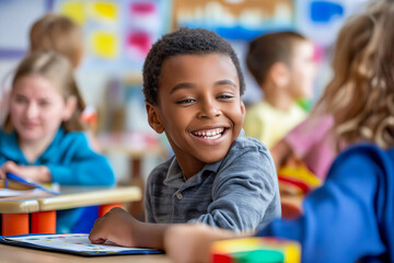 A smiling boy in a classroom.