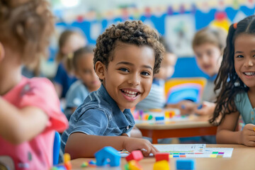 Two children are smiling while sitting at a table.