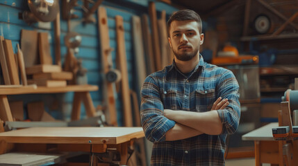 A man standing in a workshop with his arms crossed.