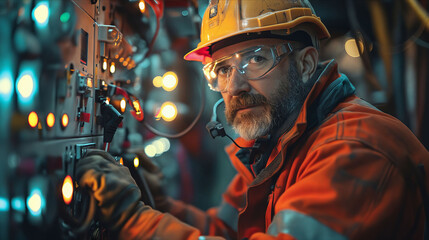 Wall Mural - A man in a hard hat and glasses working on a machine.