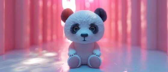 Cute plush panda toy sitting on the floor against a pink background, perfect for children's decor or gifts.