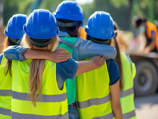 Wall Mural - A group of women in hard hats hugging.