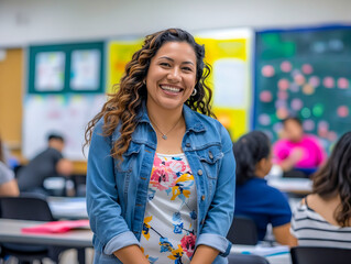 A smiling woman standing in a classroom.