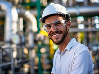 Wall Mural - A smiling man in a hard hat and glasses standing in front of a large oil refinery.