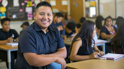 A smiling man in a classroom with students.