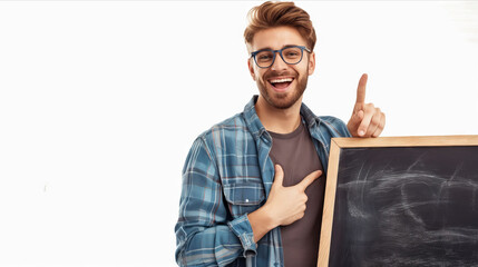 Poster - A man in glasses pointing at a blackboard.