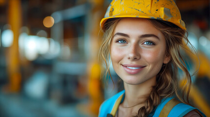Wall Mural - A woman in a hard hat smiling.