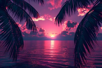 Pink sunset over calm ocean palm trees on edges, ocean day
