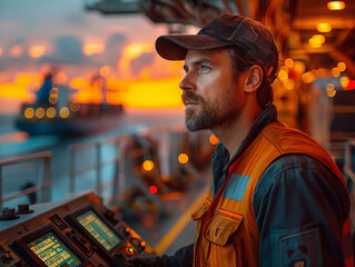 Wall Mural - A man in an orange vest and cap is standing on the deck of a ship.