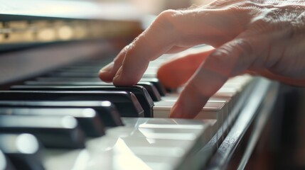 Close-up of hands of a senior musician playing piano keys.