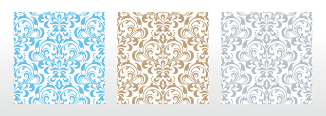 Wallpapers in the style of Baroque. Seamless vector backgrounds. Set of colored floral ornaments. Graphic patterns for fabric, wallpaper, packaging. Ornate Damask flower ornaments