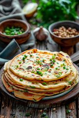 Wall Mural - Scallion Pancakes on a rustic wooden table