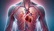 © Christian - Detailed conceptual illustration of the human cardiovascular system, featuring the heart and blood vessels. Highlights the intricate network essential for circulation.