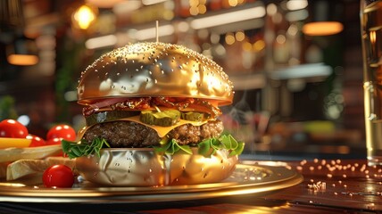 A golden hamburger with lettuce and pickles on a plate