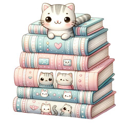 Wall Mural - Stack of pastel books with cute cat illustrations clipart with transparent background

