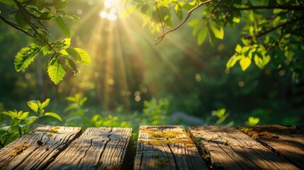 Spring summer beautiful natural background with green foliage in sunlight and empty wooden table outdoors  