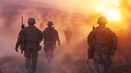 Wall Mural - A group of US Army soldiers stationed in a hot spot, ready to serve and protect in a dangerous and risky environment.