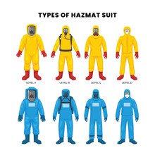 Set different types of hazmat suit level infographic banner medical poster collection, Protective Worker in level A suit, coverall, chemical resistant gloves, tools, equipment, breathing apparatus.