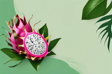 Wall Mural - Juicy ripe flying dragon fruit, pitaya and green leaves isolated on green background.