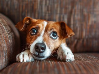 Wall Mural - Stunning high-resolution photos: an upset pet covers its muzzle with its paws while lying on its owner’s sofa.