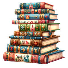 Wall Mural - Stack of colorful fantasy books with castle illustrations clipart with transparent background