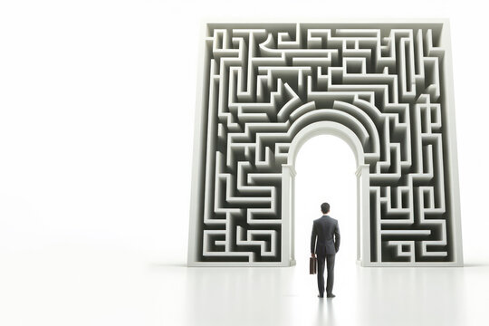 A man on the background of a huge entrance in the shape of a labyrinth. Space for text.