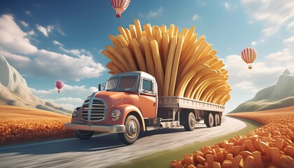 Wall Mural - A truck carrying giant French fries driving down a rural road, with mountains in the background. The whimsical scene blends the everyday with the fantastical, evoking humor and creativity.
