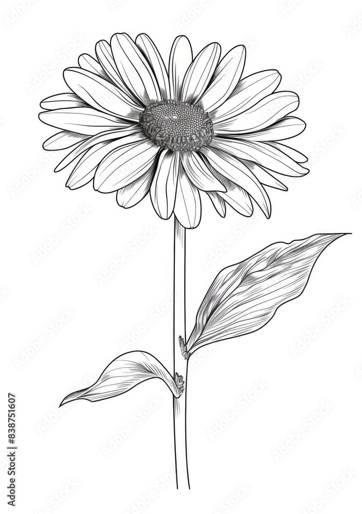 This is a black and white line drawing of a single daisy flower with a ...