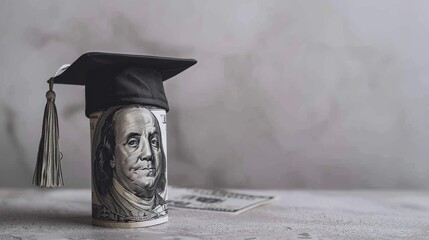 Dollar bill with graduation cap, representing educational expenses or financial planning for higher education and student loans.