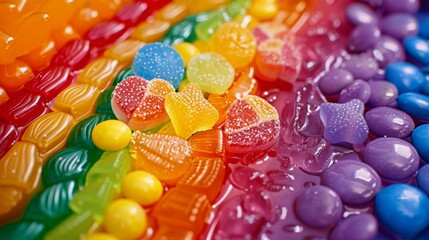 Wall Mural - An artistic representation of a rainbow-colored candy assortment with different shapes and sizes, adorned with LGBTQ+ pride decorations. Background is an abstract, colorful depiction of pride symbols