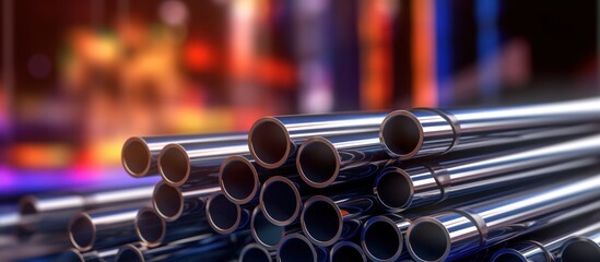 stack of round metal pipes in warehouse