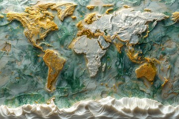 Wall Mural - A visually stunning 3D graphic design of a world map, displaying geography and topography with a captivating mix of green, brown, and blue colors.