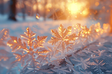 Frost snowflakes on mirror panes bring a winter ambiance with soft beige tones, enhanced by sunset twilight time.