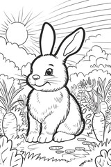 Wall Mural - Black and white cartoon of a happy rabbit in a carrot field