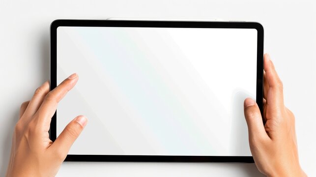 Clipping path, Hand holding the black digital tablet with mockup of blank screen on isolated white background.