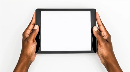 Clipping path, Hand holding the black digital tablet with mockup of blank screen on isolated white background.