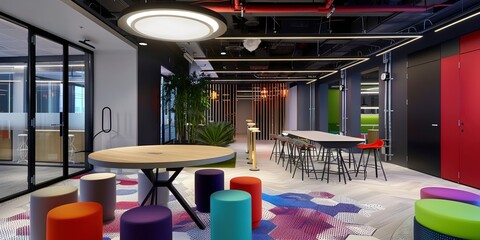 Canvas Print - Team huddle area, round table, colorful stools, vibrant, energetic lighting. 